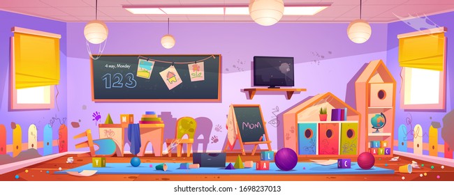 Messy room in kindergarten with drawings on furniture, clutter and trash. Vector cartoon interior of kids playroom with dirty walls, desk and chair, scattered garbage, toys and balls - Shutterstock ID 1698237013