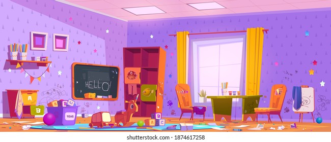 Messy Room In Kindergarten With Drawings On Furniture And Walls, Clutter And Trash. Vector Cartoon Interior Of Kids Playroom With Dirty Chalkboard, Desk And Chair, Scattered Garbage And Toys