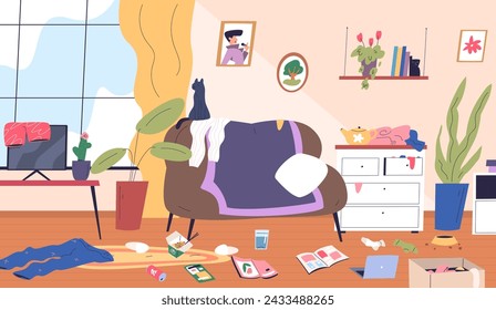 Messy room. Messed sofa livingroom cluttered home apartment interior, dirty broken house mess socks clothes chaos trashed floor chaotic things, lazy lifestyle vector illustration