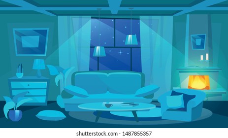 Messy room at night flat vector illustrations. Cartoon pillow on floor near old-fashioned sofa. Firewood burning in fireplace. Classic style home interior with wooden furniture and paintings on walls