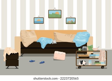 Messy room objects composition with indoor scenery of living room interior with rumpled pillows and litter vector illustration