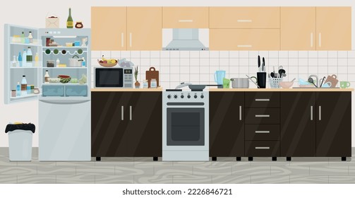 Messy room objects composition with indoor view of kitchen interior with open fridge and dirty cookware vector illustration