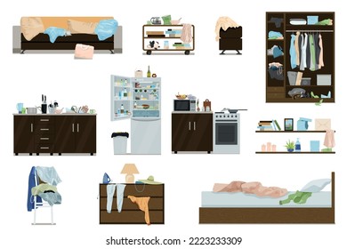 Messy room objects set of isolated compositions with view of furniture with litter and rumple clothes vector illustration