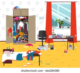 Messy Room Where Young Lady Lives. Teenager Or Student Girl Untidy Room In The Morning. Cartoon Mess In The Room. Funny Vector Illustration
