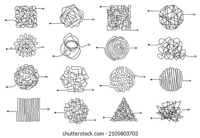 Messy scribble arrow lines, chaotic tangled doodles. Hand drawn squiggles, chaos scrawls, sketch knot arrows confusion concept vector set. Difficult routes or curved paths in square and round form