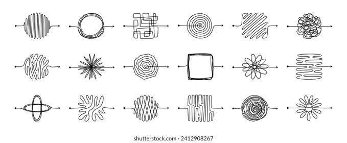 Wunderbare Pfeilzeilen. Chaotic doodle Linie Reißwinkel, handgezeichnet verwirrten chaotischen Knoten. Schwieriger Weg, gewölbte Schrott-Weg-Chaos Konzept. Vektorset. Komplizierte Probleme, gewölbte Fäden