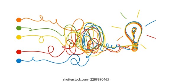 Messy scribble lines going to final direction. Freehand path coming to problem solution. Way from start to idea, from complicated to simple. Team work concept. Colorful doodle vector illustration