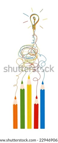 Messy scribble lines going to final direction from color pencils. Freehand paths, way from start to idea, problem solution. Team work concept. Vector illustration