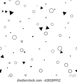 Messy seamless pattern with dots on white. Abstract confetti chaotic geometric. Triangular geometrical background. Infinity geometric pattern. Vector illustration.