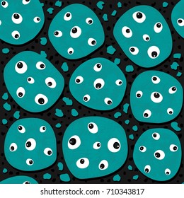 messy seasonal halloween seamless pattern with turquoise monster cookies with eyes on dark background svg