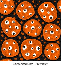 messy seasonal halloween seamless pattern with orange monster cookies with eyes on dark background