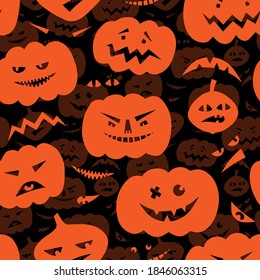 messy seasonal jack o lantern halloween seamless pattern with scary ghost monster faces in  pumpkin heads orange elements on dark background