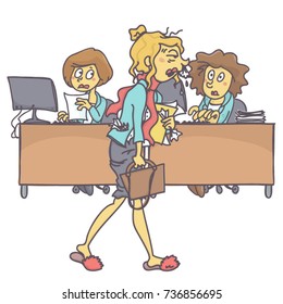 Messy and sick woman coming to office while coworkers look at her astonished, colorful vector cartoon on white background