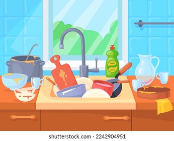 Messy sink with dirty dishes. Cartoon kitchen interior isolated on white background