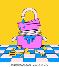 Messy sink with stacked plates, utensils, and dripping water. Fun kitchen chaos in a playful cartoon style colorful vector art hand drawn style for kitchen theme or icon badges