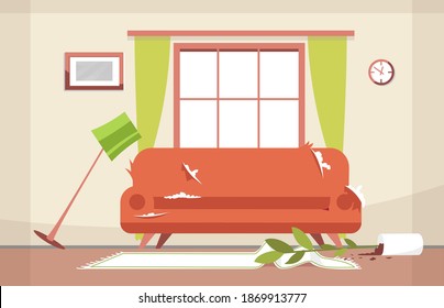 Messy sitting-room semi flat vector illustration. Modern design room with huge window. Shabby sofa. Fallen vase with flower, soiled carpet. Broken floor lamp 2D cartoon scene for commercial use
