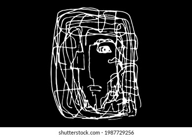 Messy sketch of a rectangular human face in a scrawl in a sloppy grunge style. Hand-drawn drawing with white lines on a black background