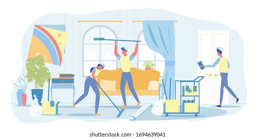 Messy Spacious Private Flat. Customized Apartment Services. Professional Team Working. Woman Mopping Floor. Man Washing Windows. Their Colleague Dusting Thoroughly. Cleaning and Sanitizing Cart.