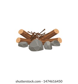 Messy stack of firewood, tree sticks and stones ready for bonfire, isolated flat drawing of wood kindling, brushwood branches and logs in a big pile - cartoon vector illustration