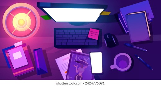 Messy table with computer and stationery top view in evening. Cartoon vector desk with books and notepads, fashion magazine and mobile phone in light of lamp at night. Workplace for business or study.