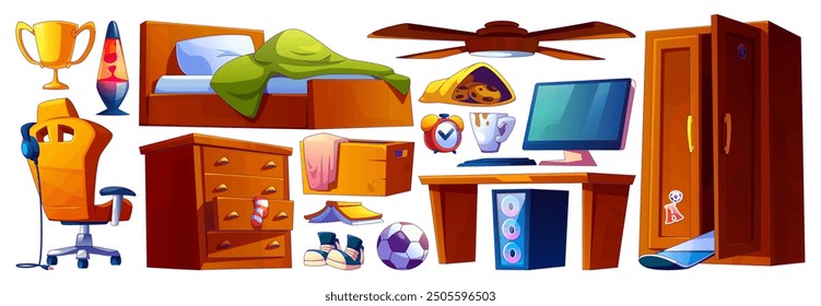 Messy teen boy bedroom furniture set isolated on white background. Vector cartoon illustration of dirty cup, desk and armchair, computer, open wardrobe, clutter in drawer, ceiling fan, night light