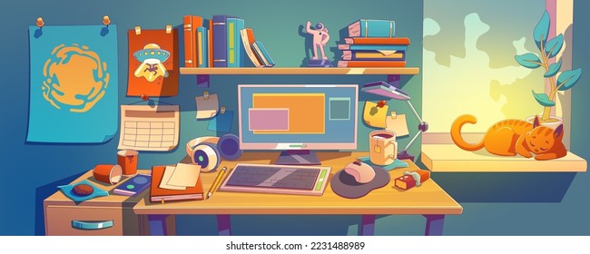 Messy teenagers work space at home. Contemporary vector illustration of students room interior, computer on desk with dirty cups and papers, books on shelf, pictures on wall, cat sleepig on windowsill
