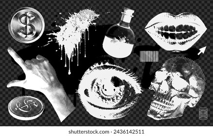 Messy textured Graphic elements set for grungy design. Vintage negative hand, mouth, skull, eye with dither effect, retro futuristic pixelated objects. Vector dotted illustration,