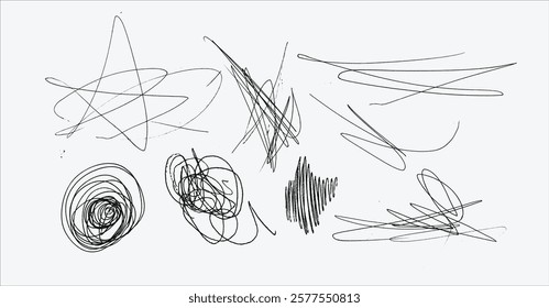 Messy textured scribbles and anti-design doodles vector illustration set isolated on white background