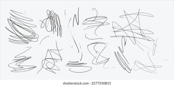 Messy textured scribbles and anti-design doodles vector illustration set isolated on white background