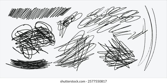 Messy textured scribbles and anti-design doodles vector illustration set isolated on white background