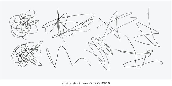 Messy textured scribbles and anti-design doodles vector illustration set isolated on white background