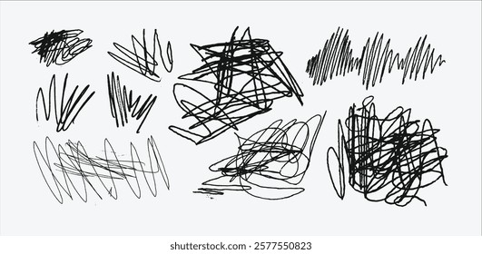 Messy textured scribbles and anti-design doodles vector illustration set isolated on white background