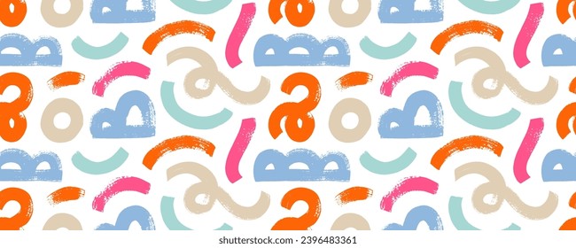 Messy thick doodles, colored bold curvy lines seamless pattern. Hand drawn chaotic organic shapes and thick lines. Hand drawn grunge texture. Random childish doodle grunge elements in Memphis style.