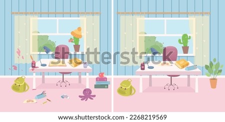 Messy and tidy kids room vector illustration. Cartoon disorganized workspace of child student with dirty table and floor, scattered books and school bag, clean neat desk with order and tidiness