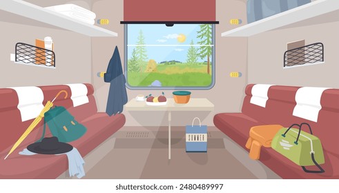 Messy train interior with people travelers belongings vector illustration