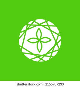 Messy trimmed circle with leaves line art logo within green background. Logo for green movement, environment, ecosystem, and non profit organization.