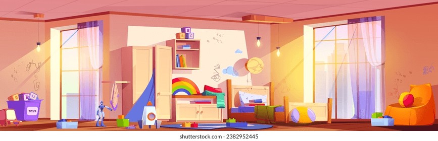 Messy untidy room of child boy. Cartoon vector illustration of cluttered kid bedroom with bed and furniture, painted stained walls, scattered toys and clothes. Chaos and disorder in playroom.