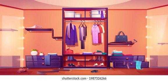 Messy walk-in closet, dressing room interior with scattered male and female clothes, shoes and accessories lying around the floor, stick up of drawers, chaos in wardrobe, Cartoon vector illustration