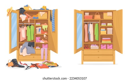 Messy wardrobe. Cleaning throwing things home closet, organize clothing order before mess dress cupboard, untidy lifestyle concept clutter clothes cartoon neat vector illustration of wardrobe messy