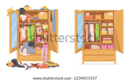 Messy wardrobe. Cleaning throwing things home closet, organize clothing order before mess dress cupboard, untidy lifestyle concept clutter clothes cartoon neat vector illustration of wardrobe messy