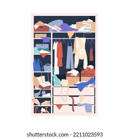 Messy Wardrobe, Closet. Mess, Clutter And Disorder Inside Open Cupboard. Chaos, Piles, Heaps Of Clothes, Scattered Untidy Stuff, Accessories. Flat Vector Illustration Isolated On White Background