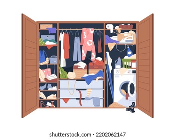 Messy Wardrobe With Clutter, Untidy Scattered Clothes Piles, Chaos. Mess And Disorder Inside Open Closet, Cupboard. Disorganised Storage Of Stuff. Flat Vector Illustration Isolated On White Background