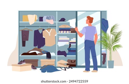 Messy wardrobe with clutter and young man, mess and disorganized clothes chaos in open closet. Student standing in front of cupboard full of clothes to organize storage cartoon vector illustration
