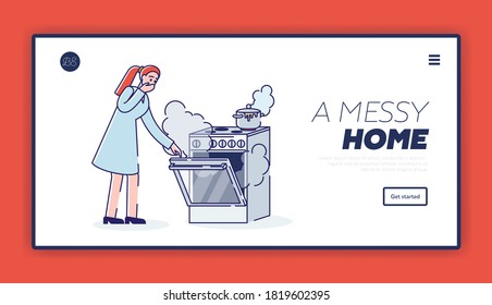 Messy while cooking landing page with woman at cooking stove and oven in smoke with burning food. Damaged kitchen appliance concept. Cartoon linear vector illustration