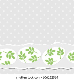 messy white eggs with green leaf motif, vector Easter seamless horizontal border on light dotted background