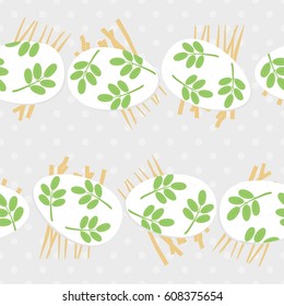messy white eggs with green leaf motif horizontal rows on hay, vector Easter seamless pattern on light dotted background