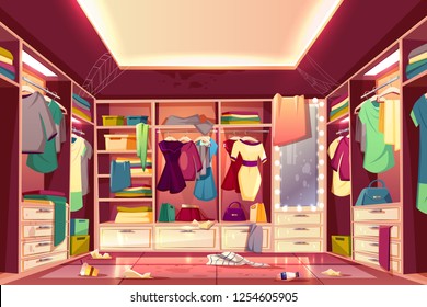 Messy womans walk in closet, dressing room interior cartoon vector with scattered clothing, stained walls and furniture, dirty mirror, littered floor, spider web on ceiling. Careless housewife concept