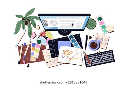 Messy workplace of digital illustrator top view. Dirty computer table with graphic tablet and desktop monitor. Desk with mess - papers, cup, stationery. Flat isolated vector illustration on white