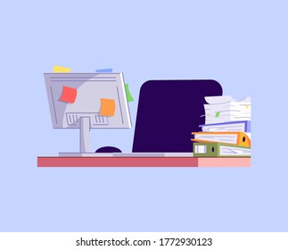 Messy workplace semi flat RGB color vector illustration. Workaholism problem, overworking issue. Unorganized office worker, corporate employee workspace isolated cartoon object on blue background