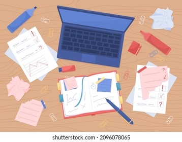 Messy workspace flat color vector illustration. Freelancer workspace. Chaotic deskspace with stationery. Pens and paper. Top view 2D cartoon illustration with desktop on background collection